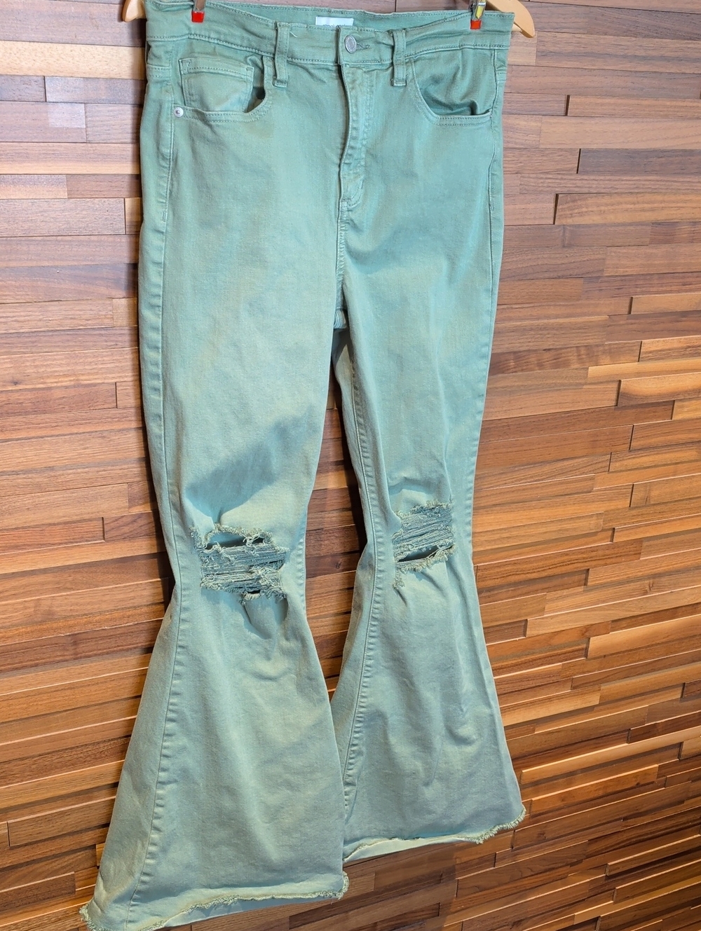Sneak Peek Sage Green Bell bottoms With Distressed Knees Size 30